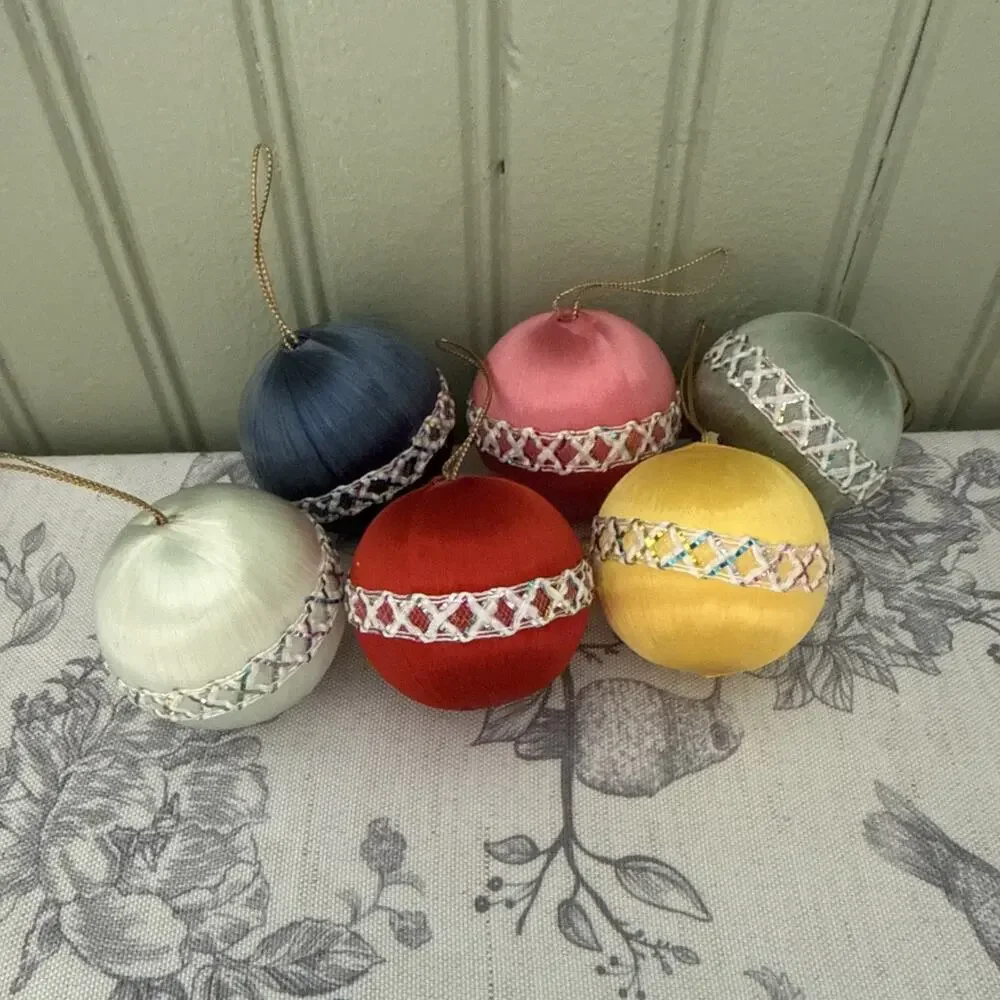 Vintage Satin Unbreakable Christmas Ornaments Lot 6 Colorful Pastel Sparkle